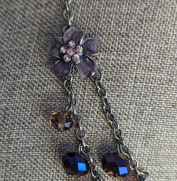 Pink and Purple Aurora Borealis and Enamel Flower Dangle Necklace - Picture 3 of 11